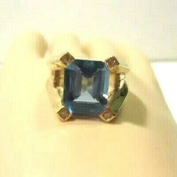 Blue Topaz & Diamond Ring 14K Custom Design Vintage - Picture 1 of 9
